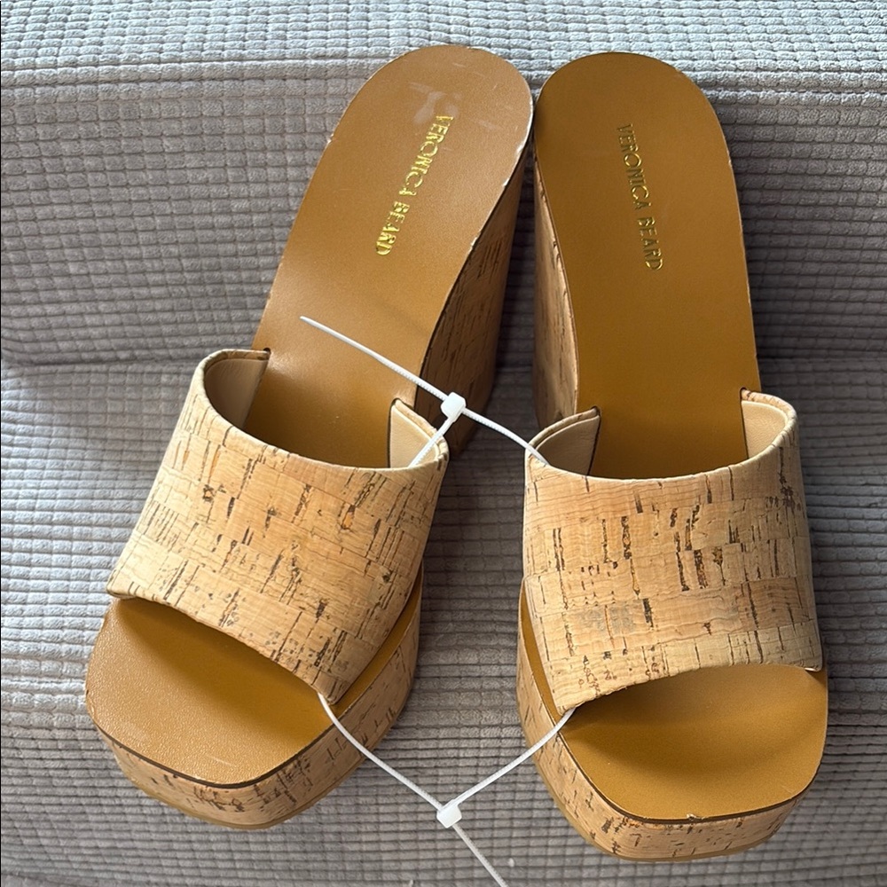 Veronica Beard Cork Platform Slide Sandals in Natural Tan